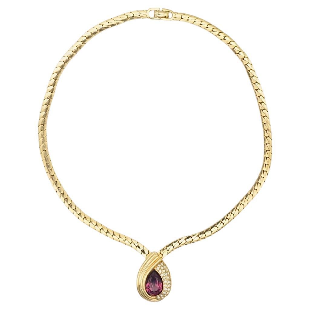 Christian Dior Vintage 1980s Purple Crystal Amethyst Tear Drop Pendant Necklace For Sale