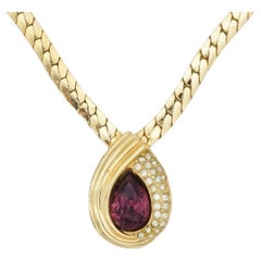 Christian Dior Vintage 1980s Purple Crystal Amethyst Tear Drop Pendant Necklace