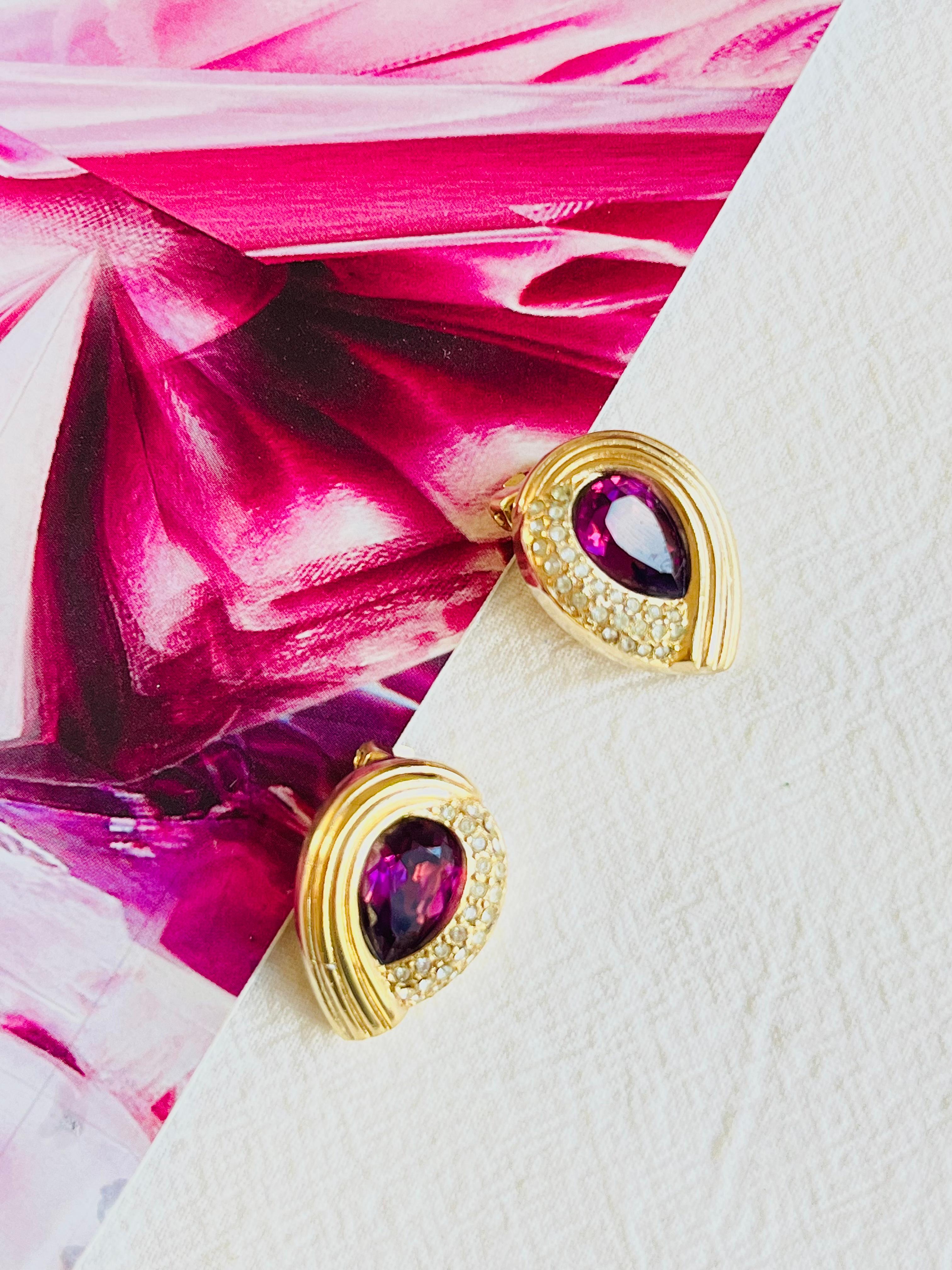 Art Nouveau Christian Dior Vintage 1980s Purple Crystals Amethyst Water Drop Clip Earrings For Sale