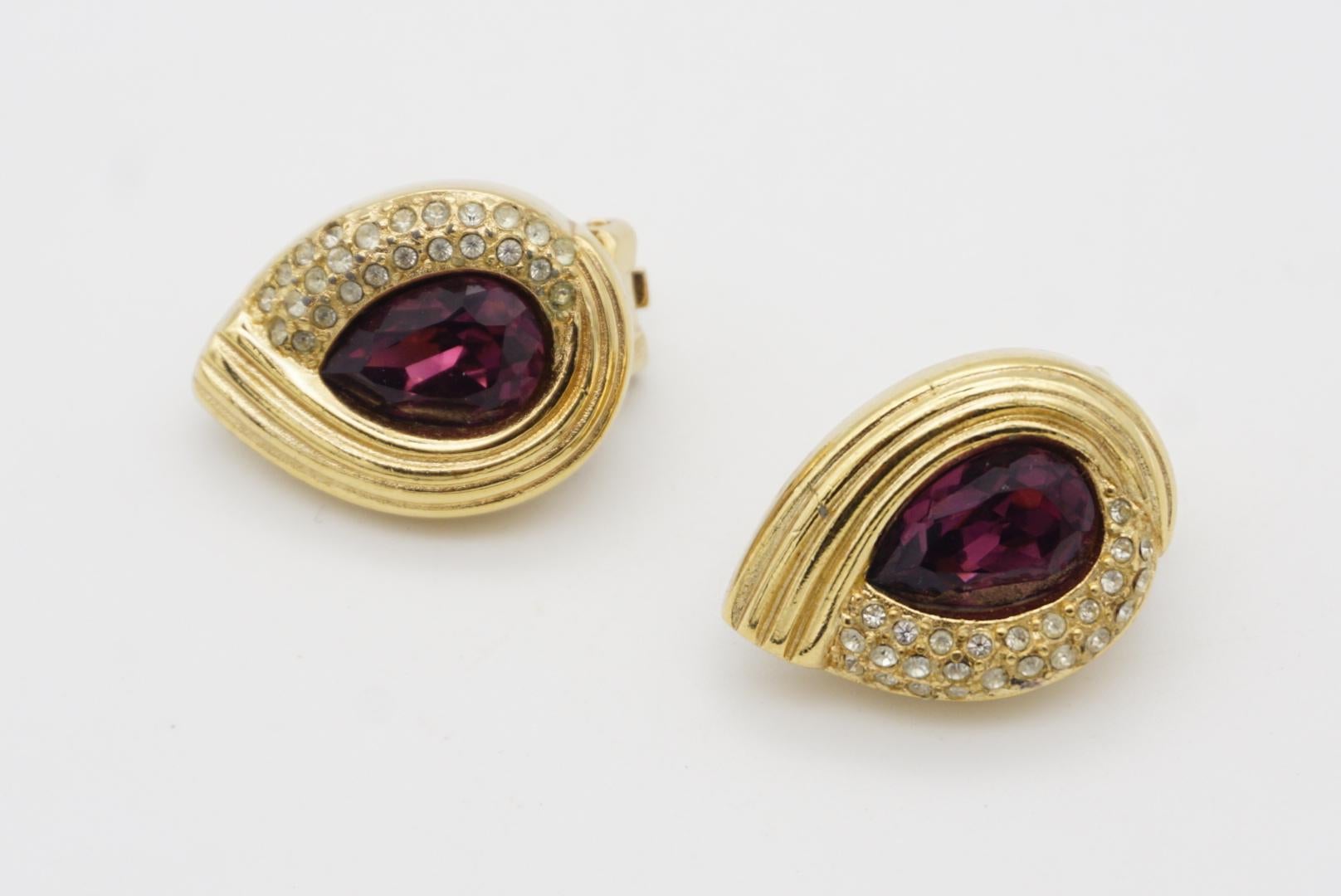 Christian Dior Vintage 1980s Purple Crystals Amethyst Water Drop Clip Earrings For Sale 3