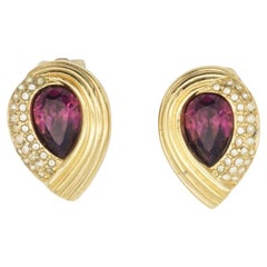 Christian Dior Vintage 1980s Purple Crystals Amethyst Water Drop Clip Earrings