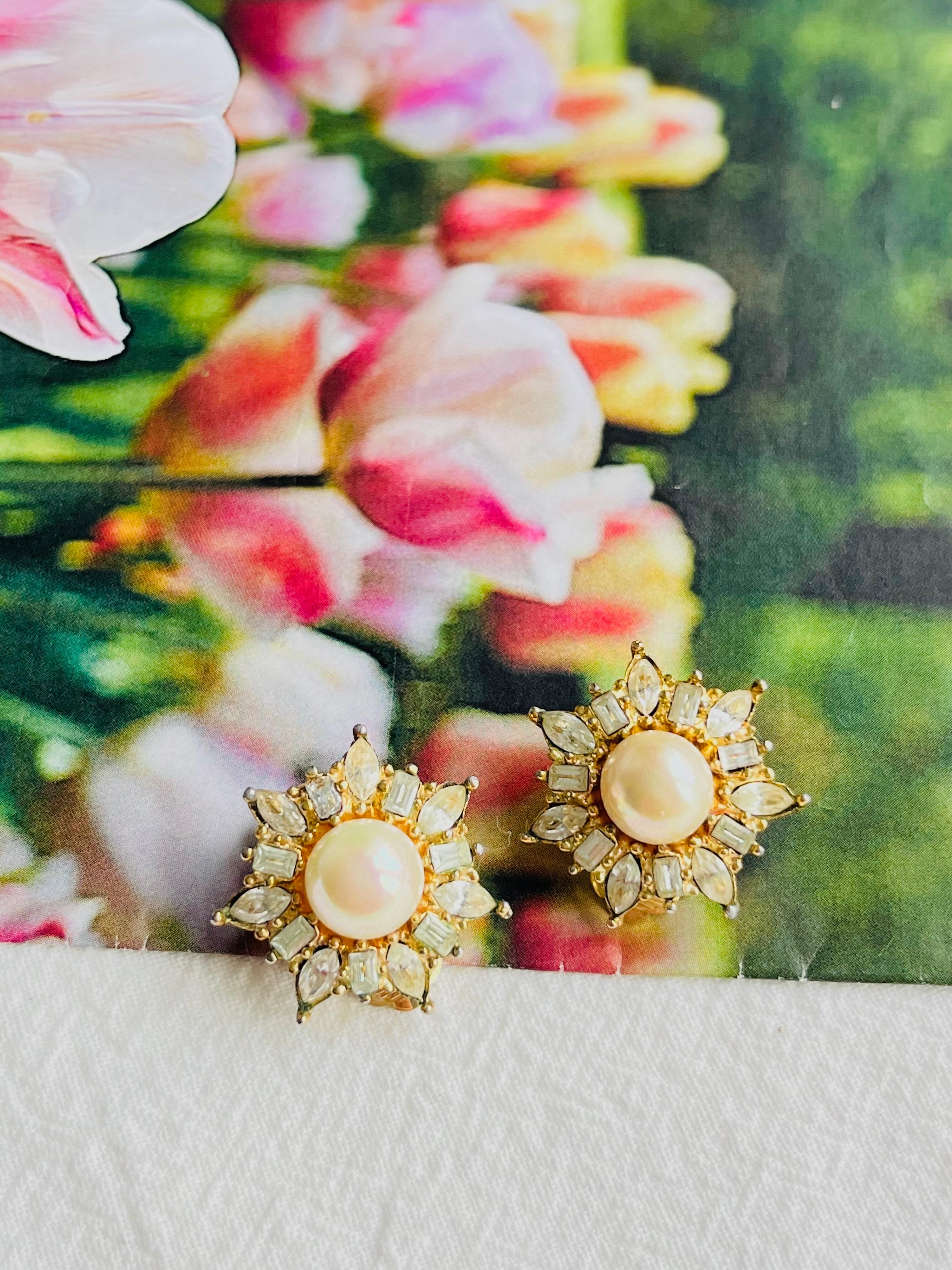 Art Deco Christian Dior Vintage 1980s Radiant Flower Snowflake Pearl Crystals Earrings For Sale