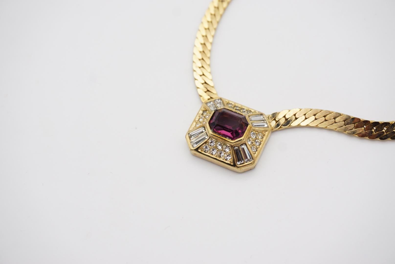 Christian Dior Vintage 1980s Rectangle Amethyst Purple Crystal Pendant Necklace In Excellent Condition For Sale In Wokingham, England
