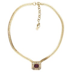 Christian Dior Vintage 1980s Rectangle Amethyst Purple Crystal Pendant Necklace