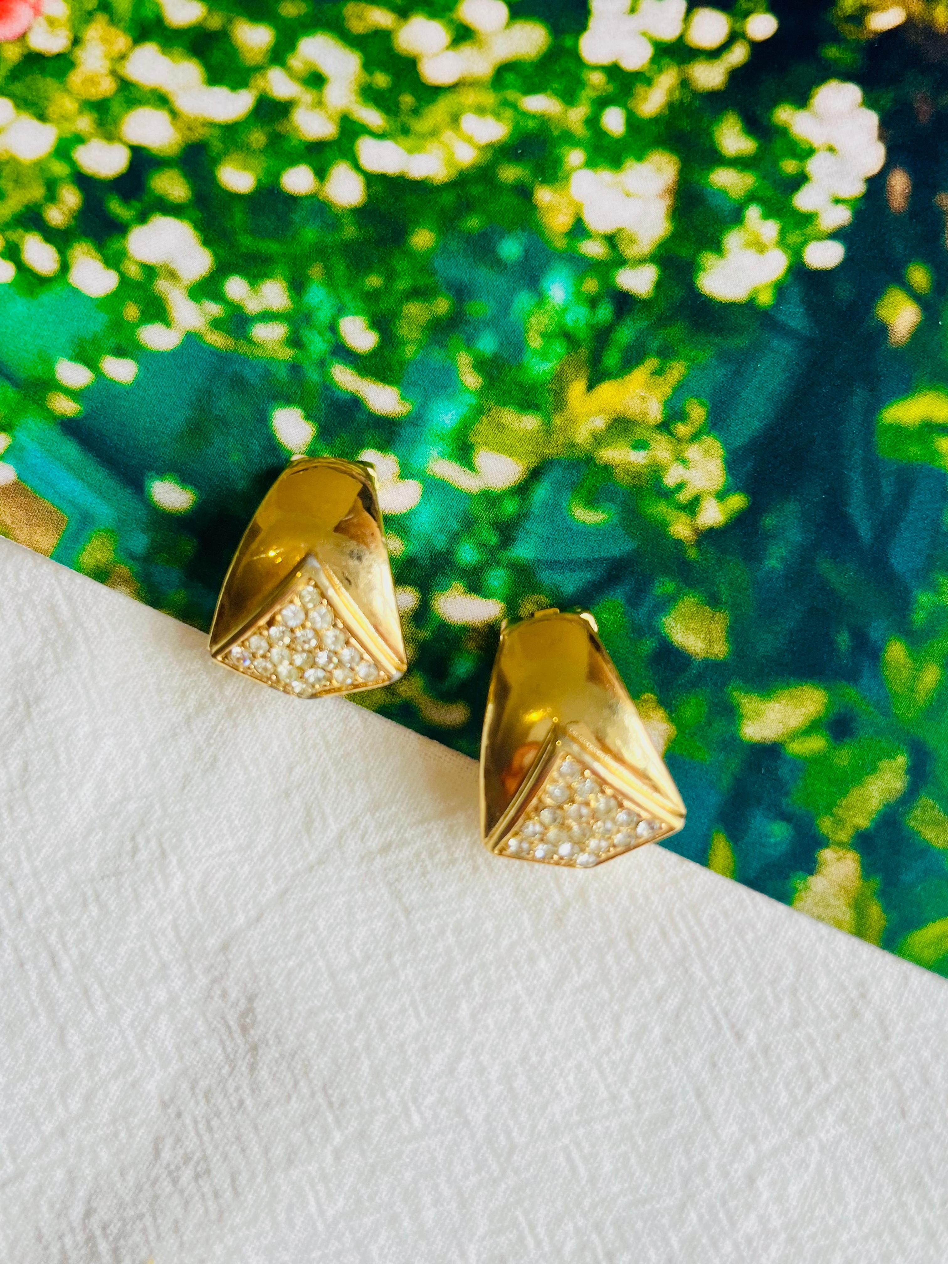 Art déco Christian Dior Vintage 1980s Rectangle Teardrop Leaf Crystal Gold Clips Earrings