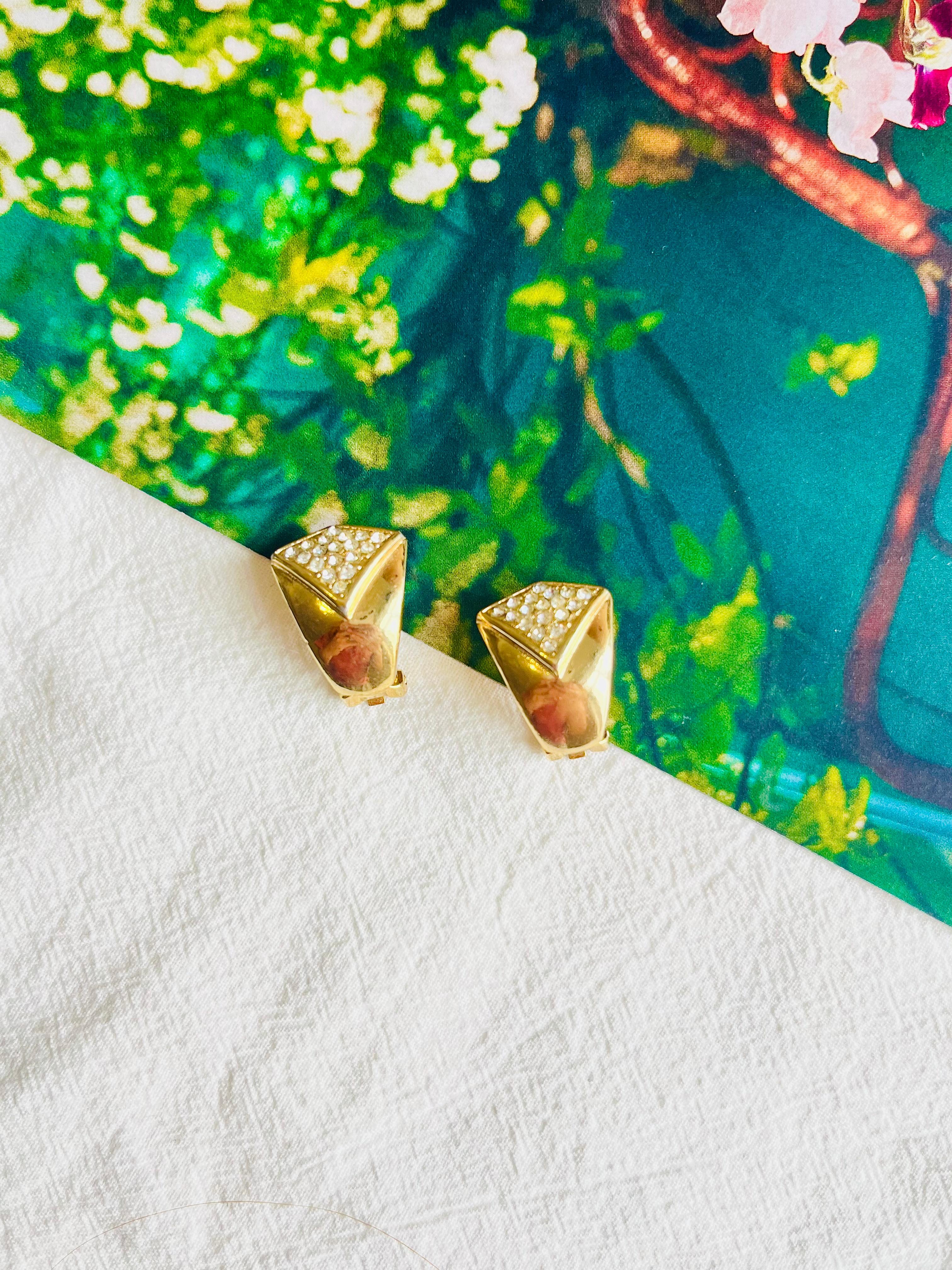 Art Deco Christian Dior Vintage 1980s Rectangle Teardrop Leaf Crystals Gold Clip Earrings For Sale