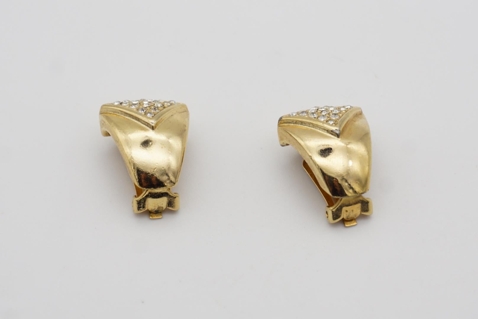 Christian Dior Vintage 1980s Rectangle Teardrop Leaf Crystals Gold Clip Earrings For Sale 4