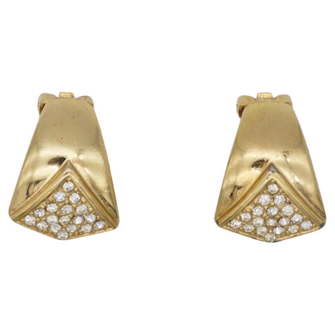 Christian Dior Vintage 1980s Rectangle Teardrop Leaf Crystals Gold Clip Earrings For Sale