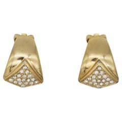 Christian Dior Vintage 1980s Rectangle Teardrop Leaf Crystals Gold Clip Earrings