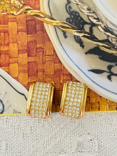 Christian Dior Vintage 1980s Rectangle Whole Crystals Dome Gold Clip Earrings