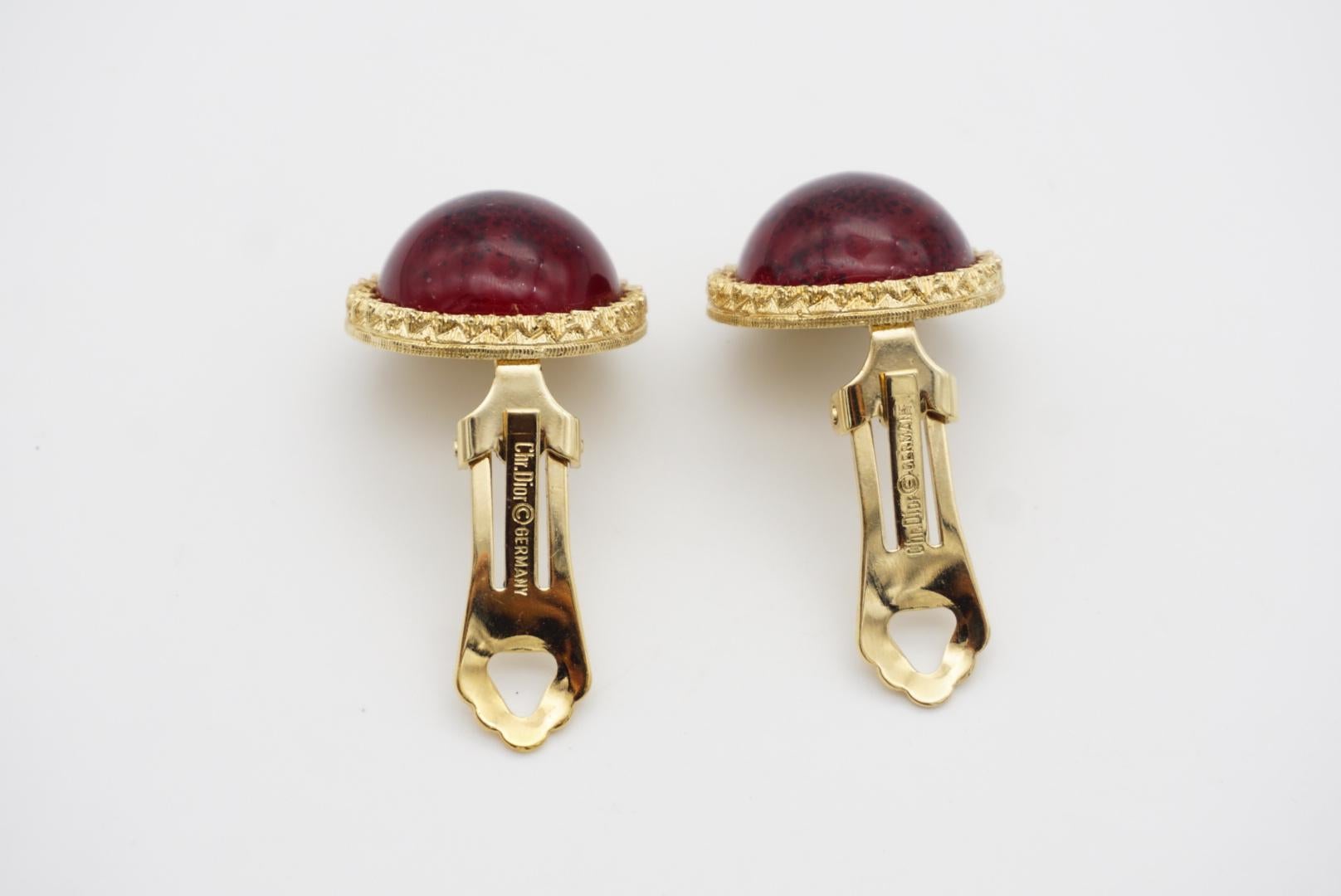 Christian Dior Vintage 1980s Red Agate Burgundy Clear Round Gold Clip Earrings For Sale 4