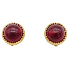 Christian Dior Vintage 1980s Red Agate Burgundy Clear Round Gold Clip Earrings