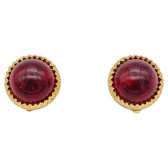 Christian Dior Clips d'oreilles vintage en or rond et agate rouge bordeaux des années 1980