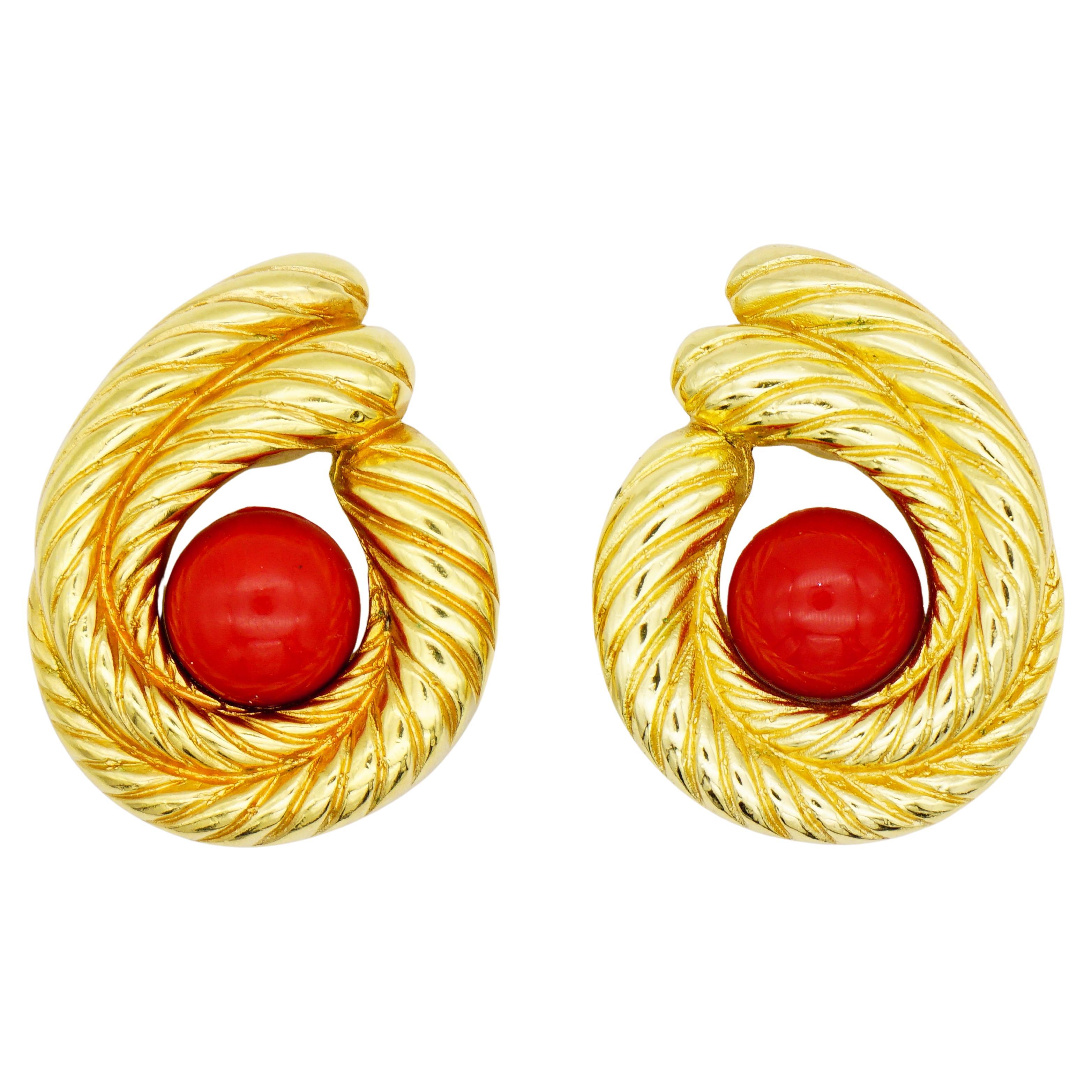 Christian Dior Vintage 1980s Red Cabochon Double Swirl Twist Rope Clip Earrings