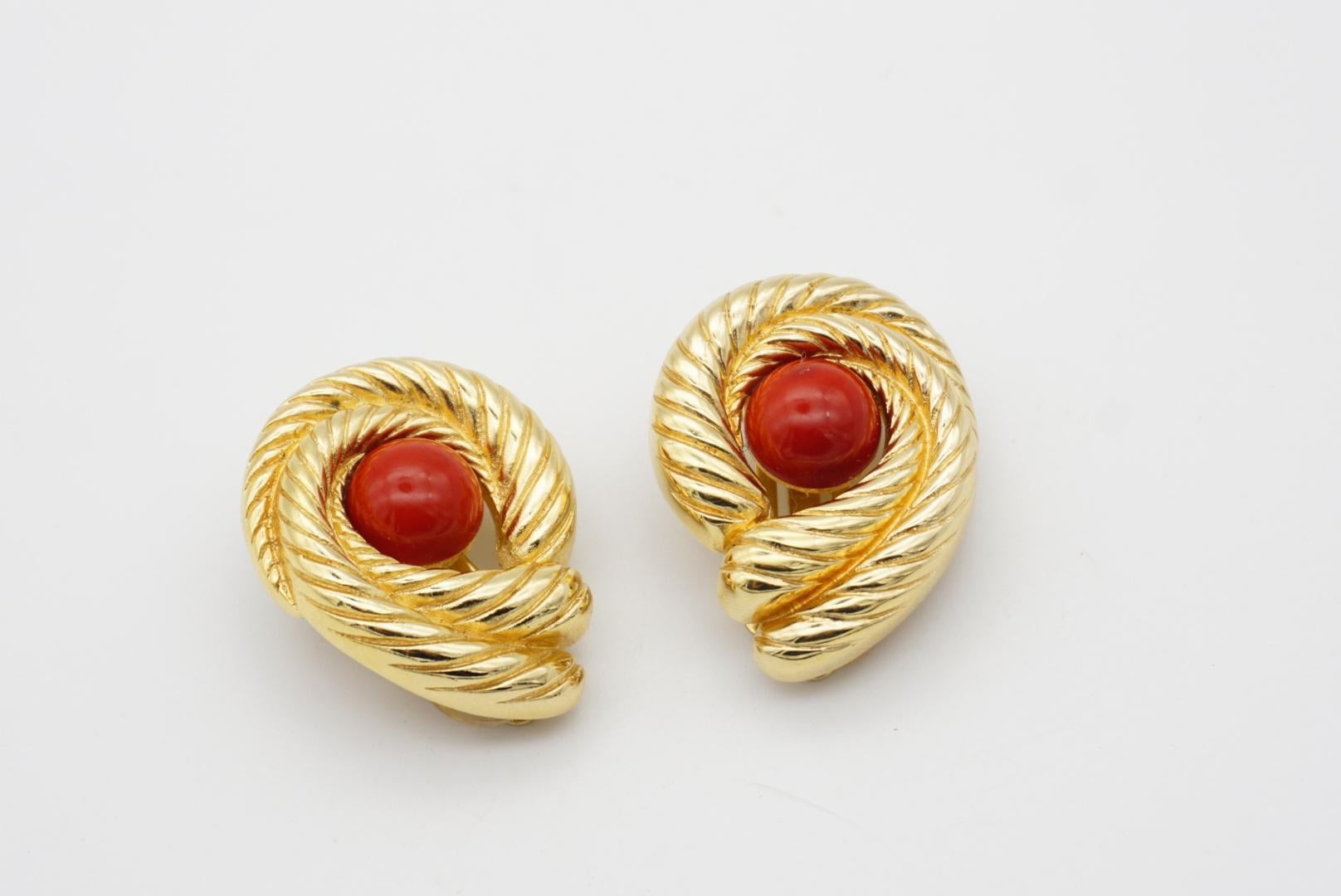 Christian Dior Vintage 1980s Red Round Pearl Double Swirl Gold Clip Earrings For Sale 1