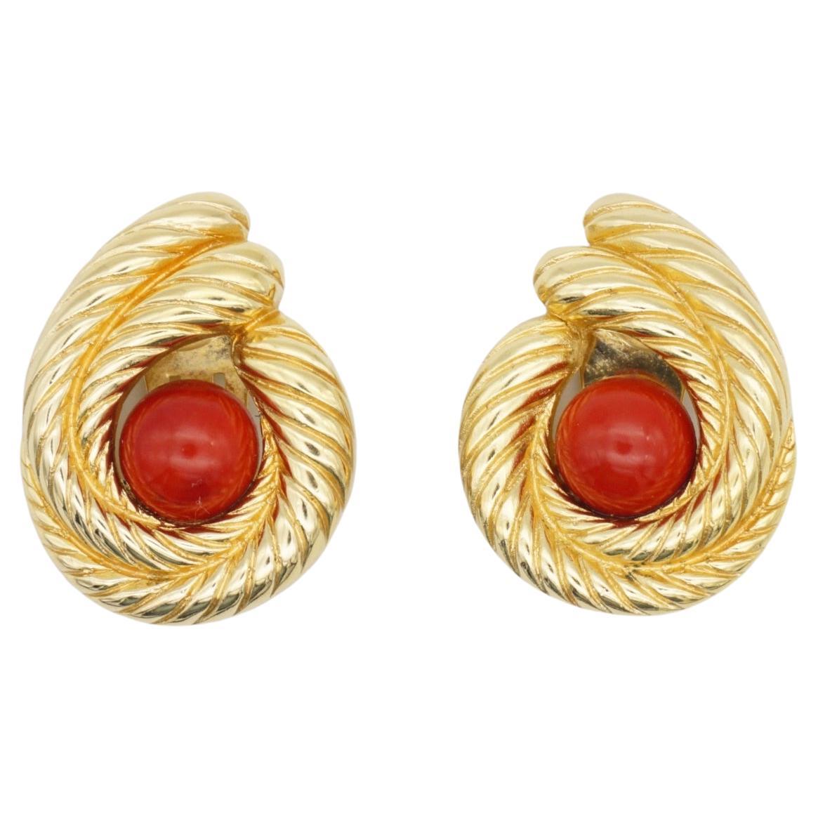 Christian Dior Vintage 1980s Red Round Pearl Double Swirl Gold Clip Earrings