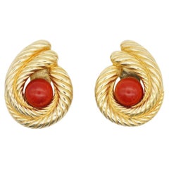 Christian Dior Vintage 1980s Red Round Cabochon Double Swirl Gold Clip Earrings