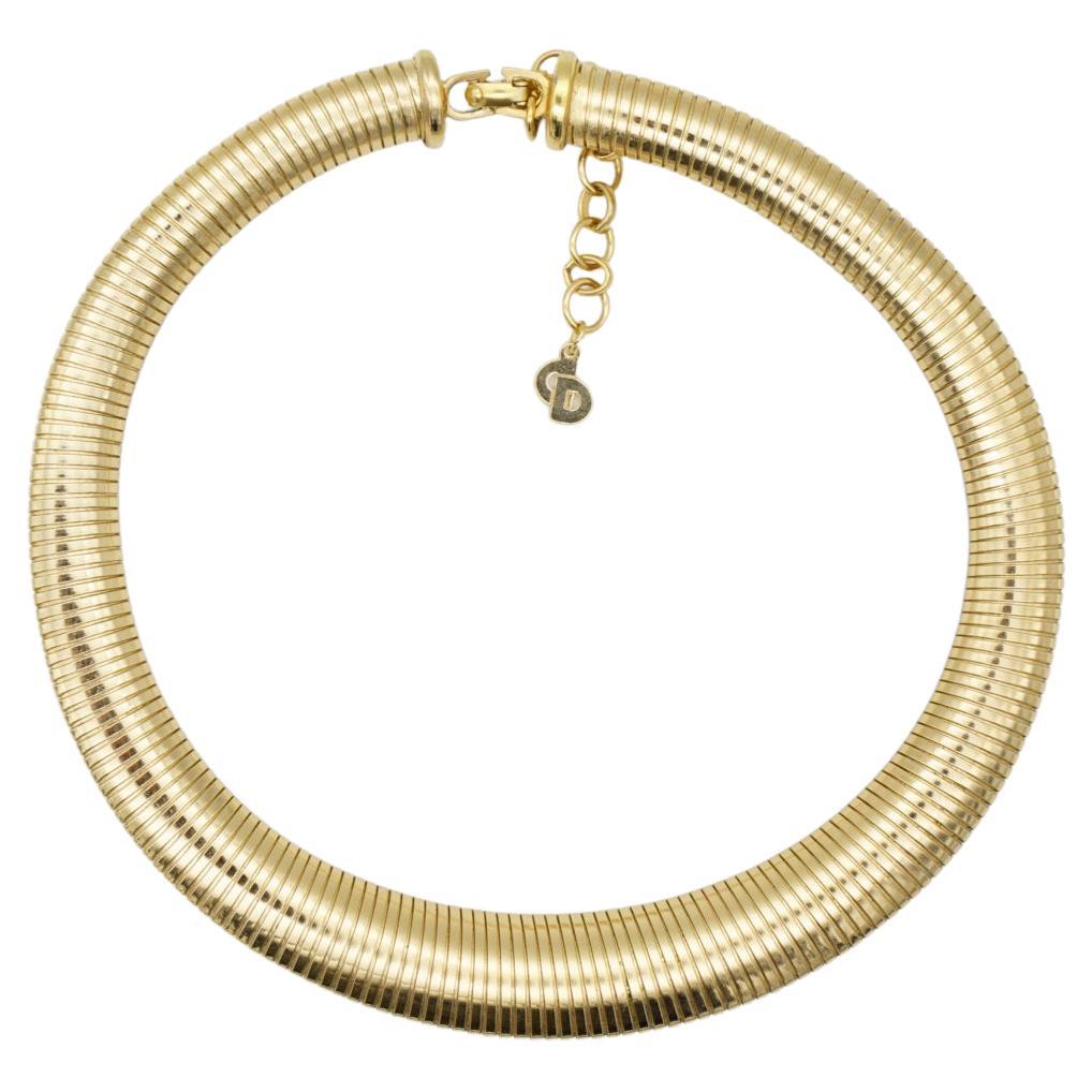 Christian Dior Vintage 1980s Ribbed Adjustable Omega Snake Choker Gold Necklace