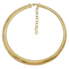 Christian Dior Vintage 1980s Ribbed Adjustable Omega Snake Choker Gold Necklace