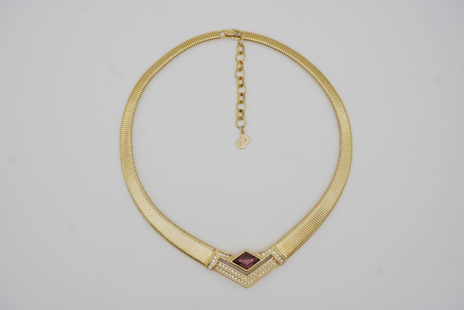 Christian Dior Vintage 1980s Ribbed Amethyst Crystals Triangle Choker Necklace For Sale 3