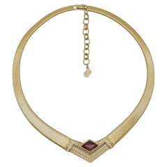 Christian Dior Vintage 1980s Ribbed Amethyst Crystals Triangle Omega Necklace