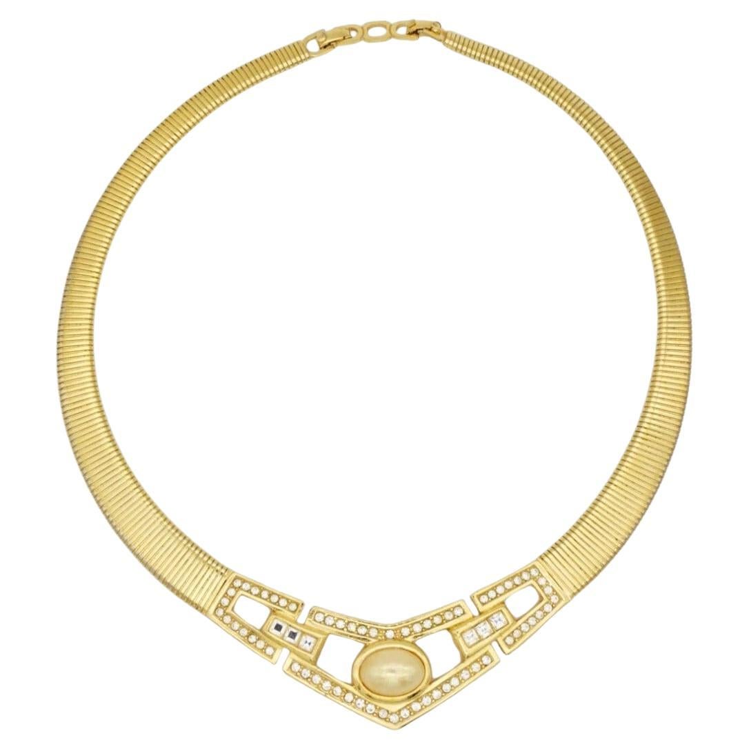 Christian Dior Vintage 1980s Ribbed Omega Oval Pearl Crystals Openwork Necklace