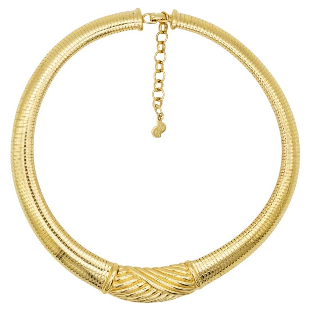 Christian Dior Vintage 1980s Ribbed Omega Snake Choker Gold Pendant Necklace