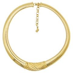 Christian Dior Vintage 1980 Ribbed Omega Snake Choker Necklace Gold Pendant