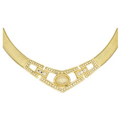 Christian Dior Vintage 1980s Ribbed Oval Pearl Crystals Openwork Omega Necklace