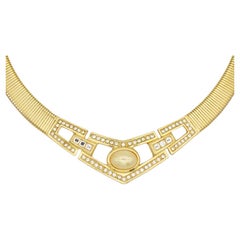 Christian Dior Vintage 1980s Ribbed Oval Pearl Crystals Openwork Omega Necklace