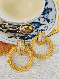 Christian Dior Vintage 1980s Rope Circle Hoop Crystals Statement Drop Earrings
