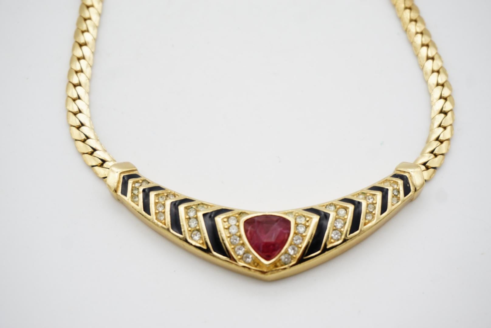 Christian Dior Vintage 1980s Ruby Black Crystals Triangle Pendant Gold Necklace For Sale 9