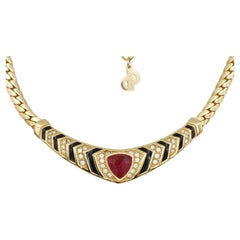 Christian Dior Vintage 1980s Ruby Black Crystals Triangle Pendant Gold Necklace