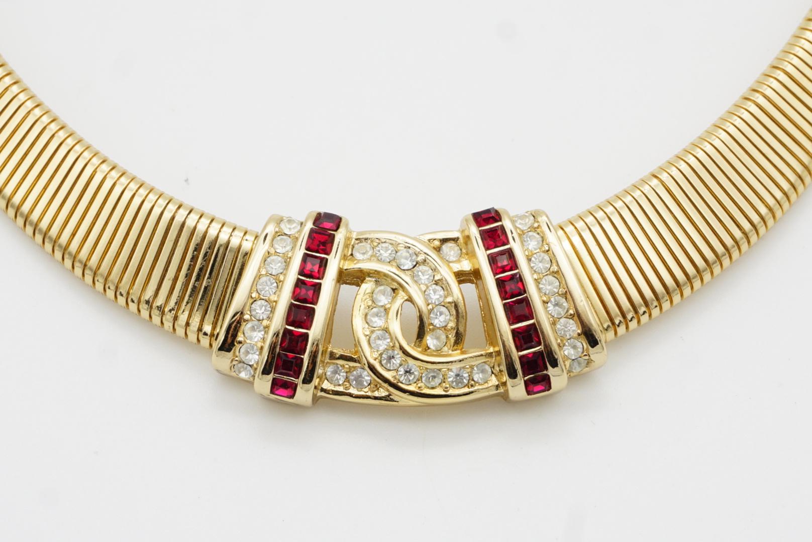 Christian Dior Vintage 1980s Ruby Clear Crystals Interlock Bow Ribbed Necklace 1