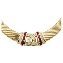 Christian Dior Vintage 1980s Ruby Clear Crystals Interlock Bow Ribbed Necklace