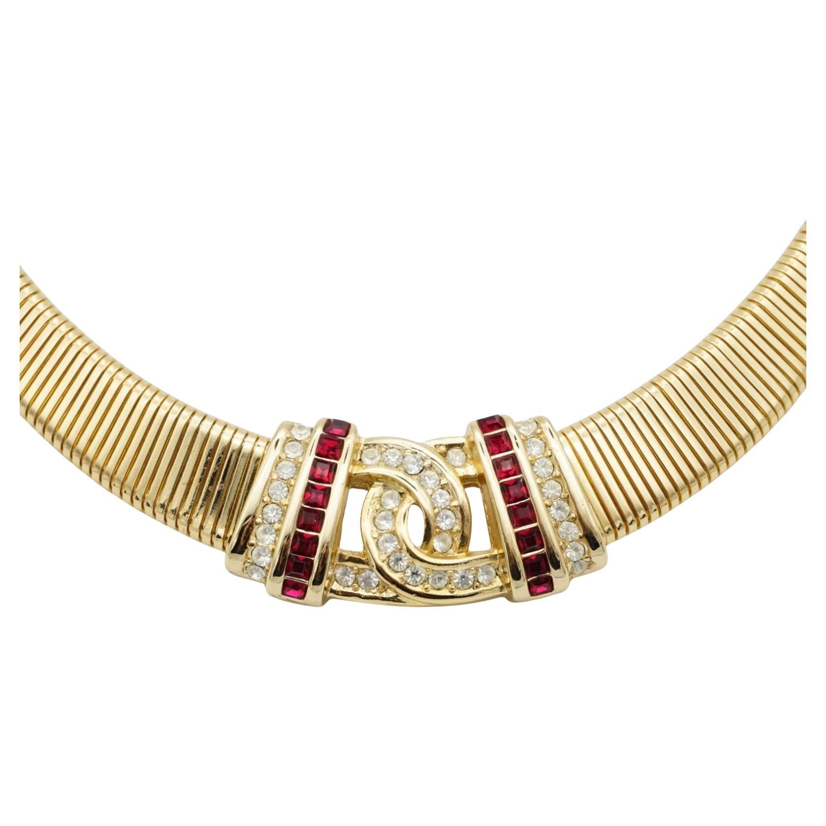 Christian Dior Vintage 1980s Ruby Crystals Interlocked Ribbed Omega Necklace