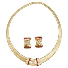 Christian Dior Vintage 1980s Ruby Crystals Square Omega Interlocked Ribbed 2 Set