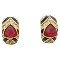 Christian Dior Vintage 1980s Ruby Gripoix Black Crystal Hoop Clip Gold Earrings