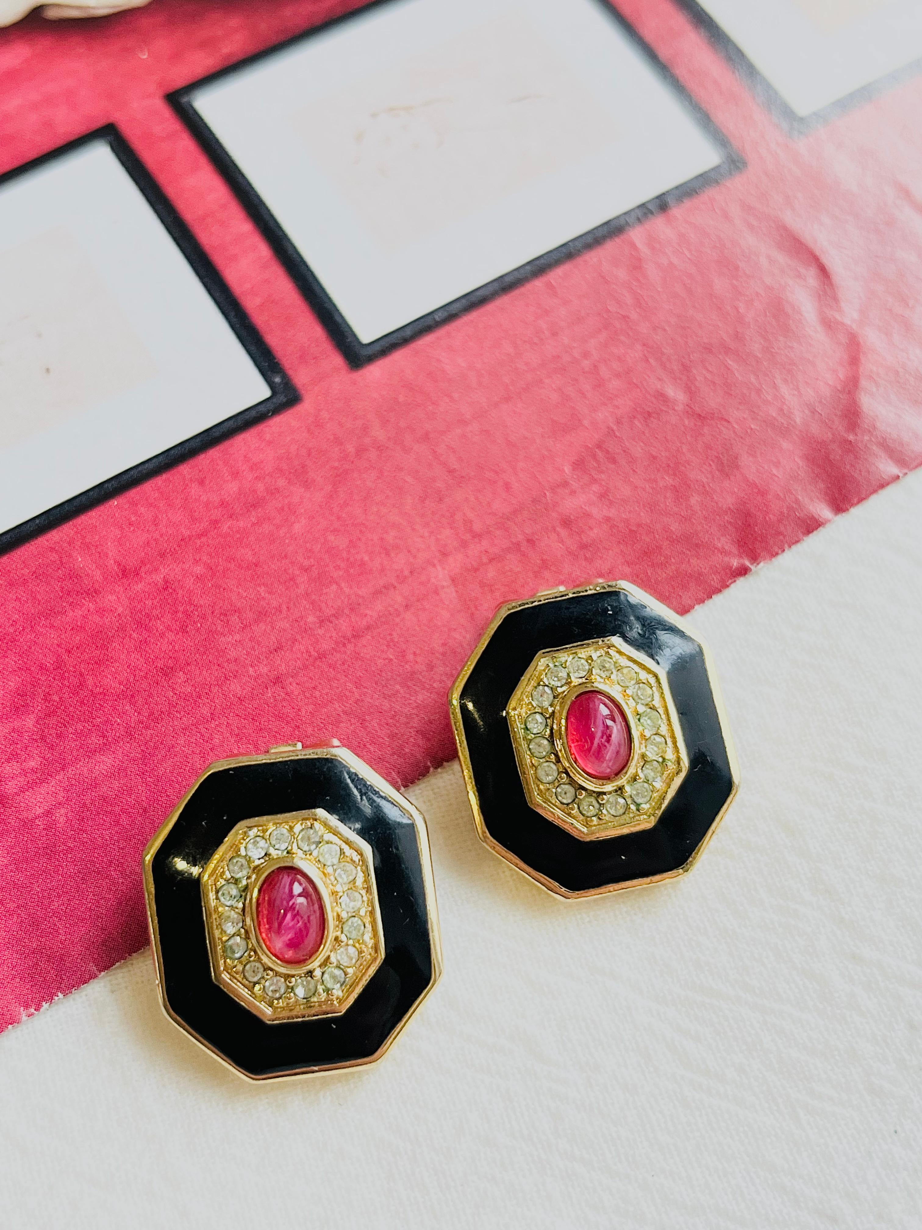 Art Deco Christian Dior Vintage 1980s Ruby Gripoix Black Crystals Octagon Clip Earrings