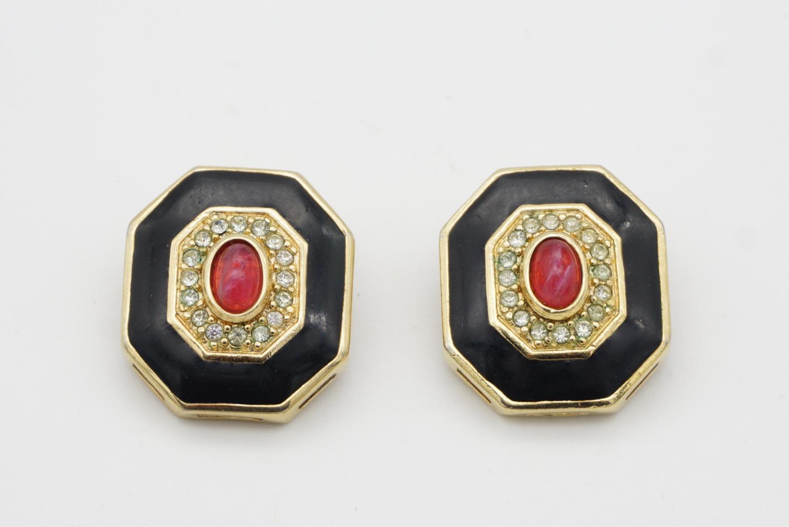 Christian Dior Vintage 1980s Ruby Gripoix Black Crystals Octagon Clip Earrings For Sale 2