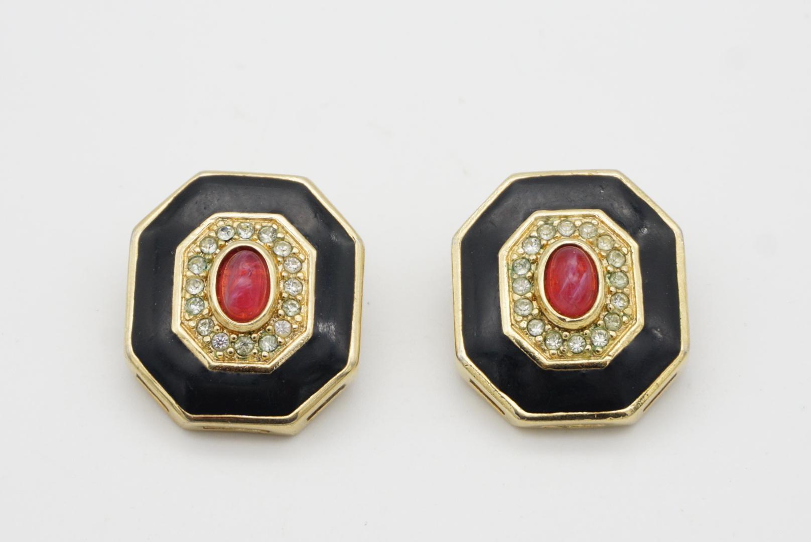 Christian Dior Vintage 1980s Ruby Gripoix Black Crystals Octagon Clip Earrings 3