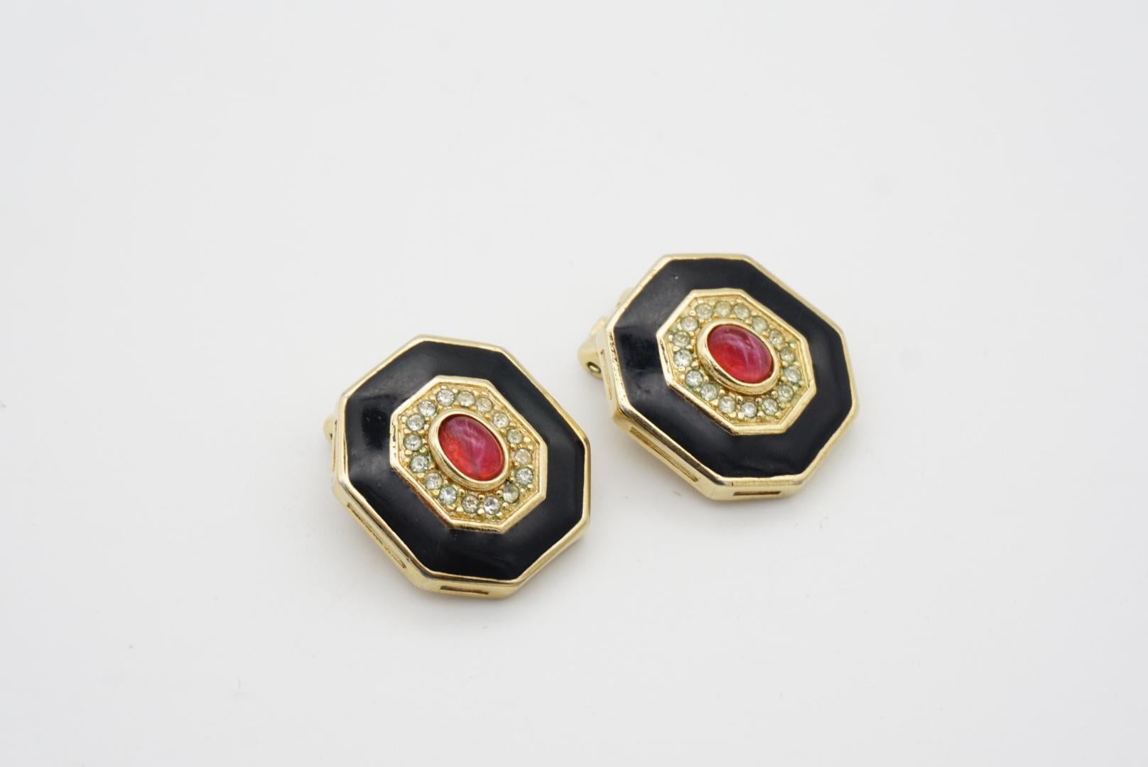 Christian Dior Vintage 1980s Ruby Gripoix Black Crystals Octagon Clip Earrings 4