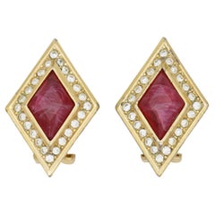 Christian Dior Vintage 1980s Ruby Gripoix Red Crystals Trapezoid Clip Earrings