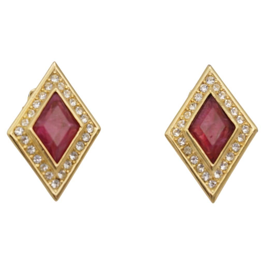 Christian Dior Vintage 1980s Ruby Gripoix Red Crystals Trapezoid Clip Earrings