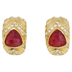 Christian Dior Vintage 1980s Ruby Gripoix Triangle Crystals Clip Domed Earrings