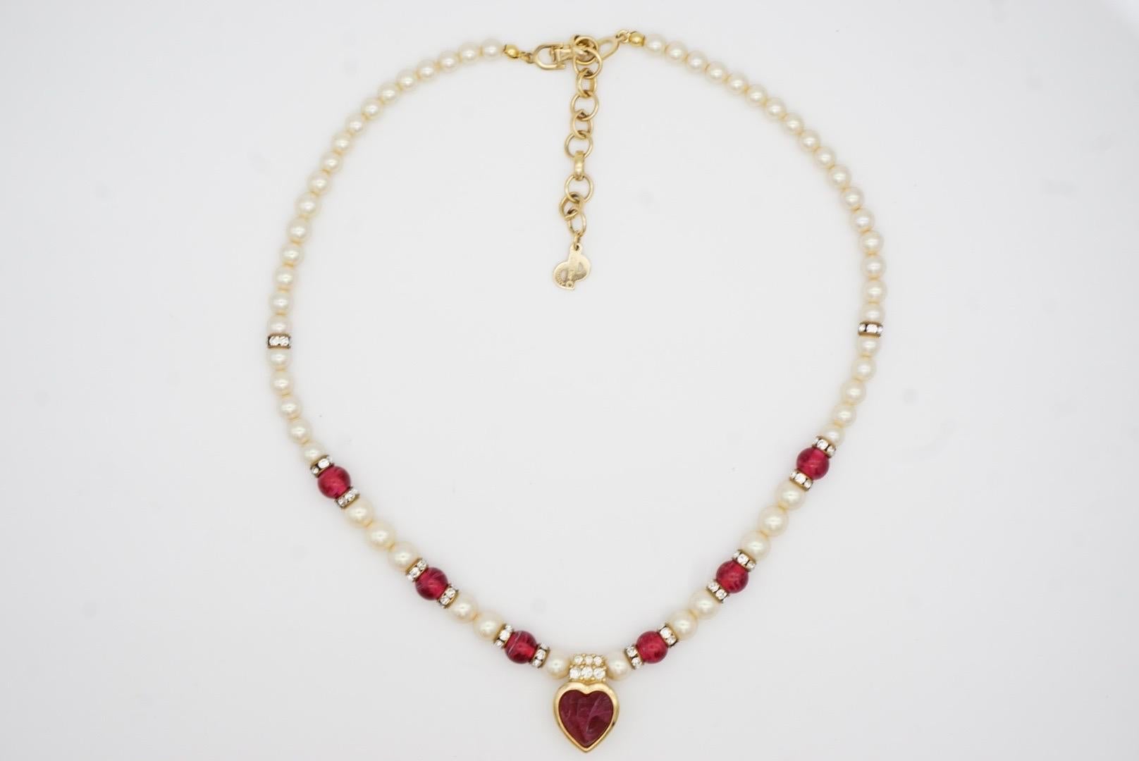 Christian Dior Vintage 1980s Ruby Heart White Pearls Cabochon Crystals Necklace For Sale 5
