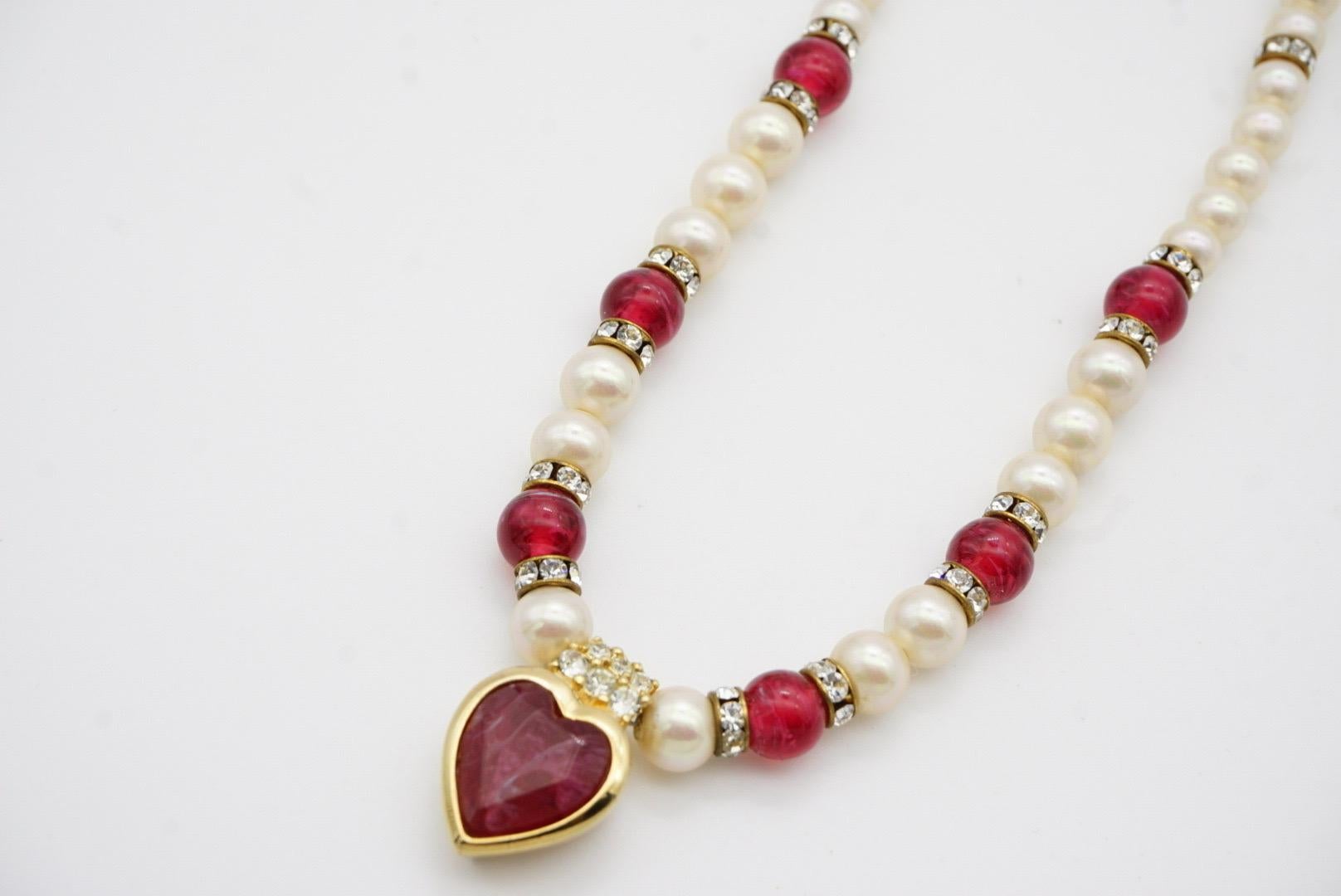 Christian Dior Vintage 1980s Ruby Heart White Pearls Cabochon Crystals Necklace For Sale 6