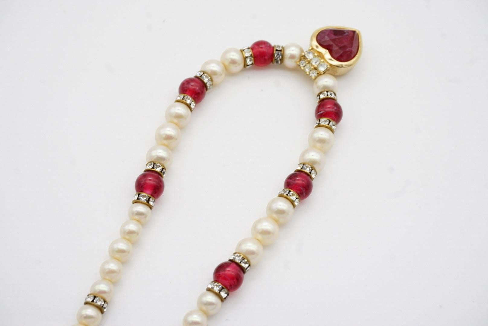 Christian Dior Vintage 1980s Ruby Heart White Pearls Cabochon Crystals Necklace For Sale 7
