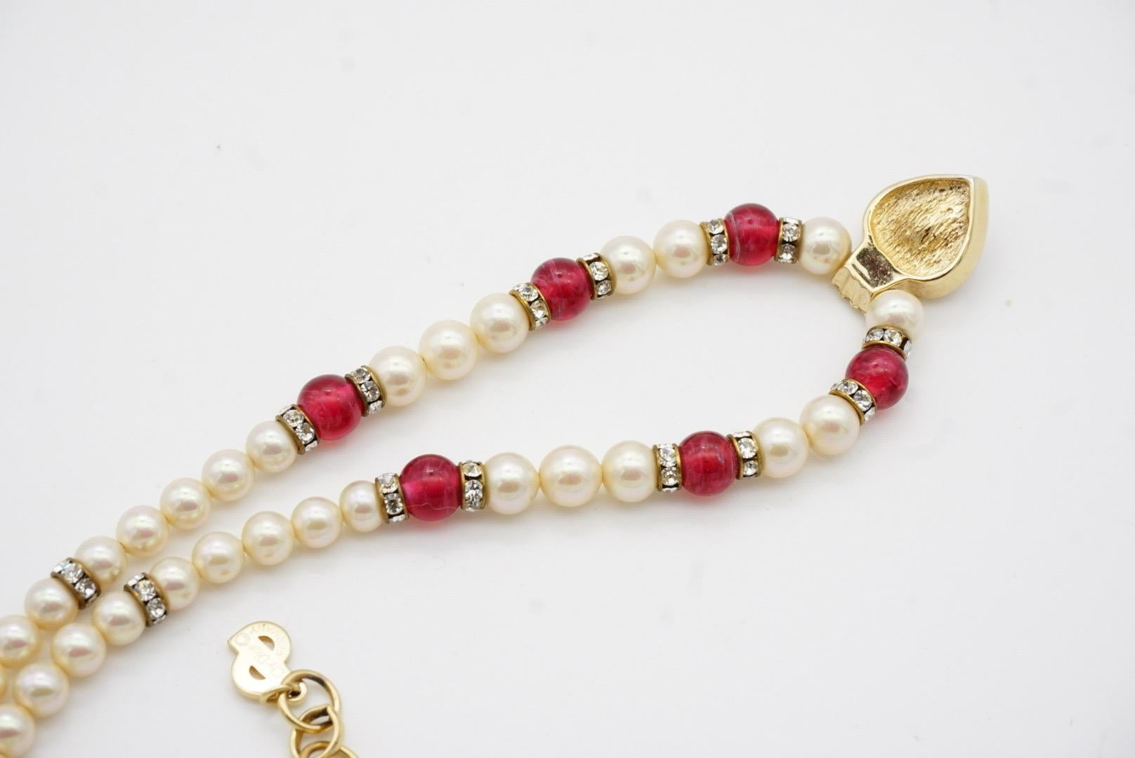 Christian Dior Vintage 1980s Ruby Heart White Pearls Cabochon Crystals Necklace For Sale 8