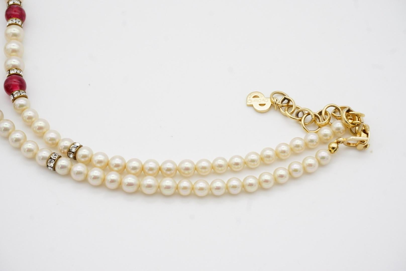 Christian Dior Vintage 1980s Ruby Heart White Pearls Cabochon Crystals Necklace For Sale 9